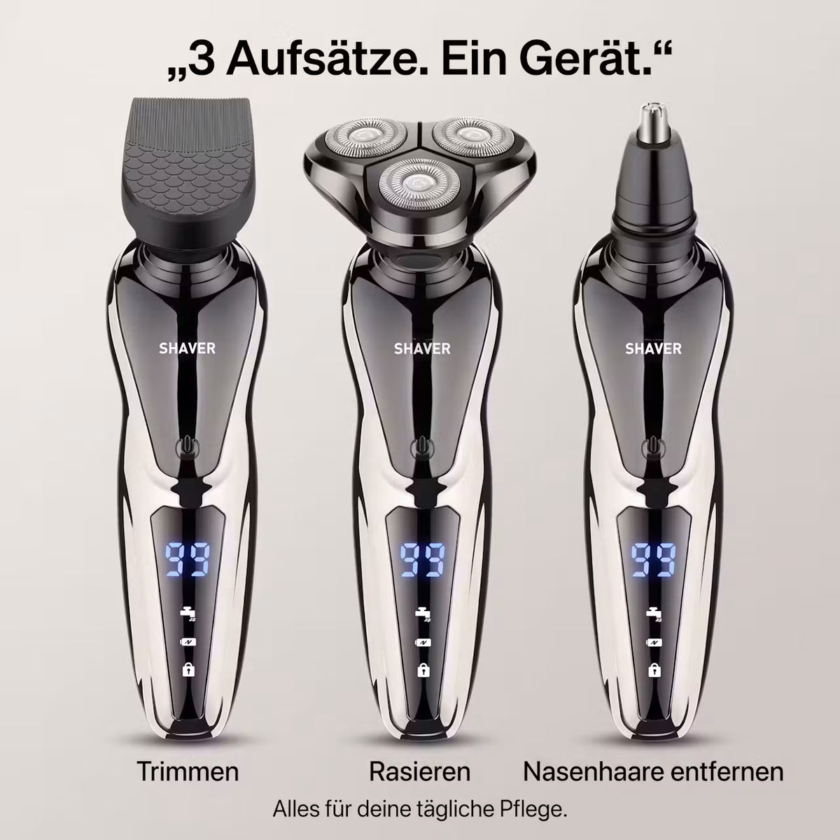 Elektrorasierer mit rotierendem 3-Klingen-Kopf